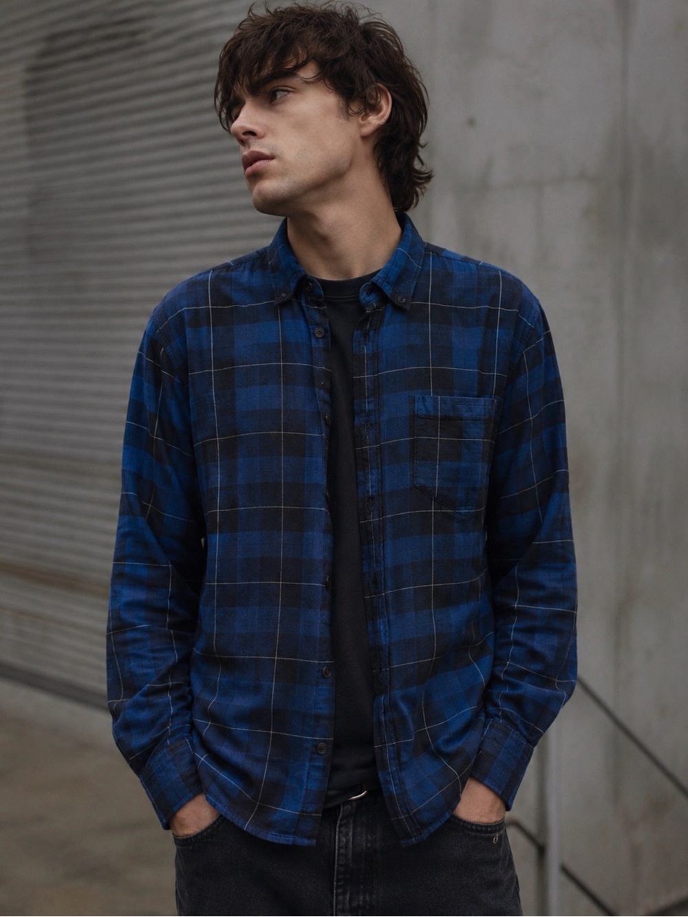 Zara Men's Blue and Black Plaid Button-Down Shirt